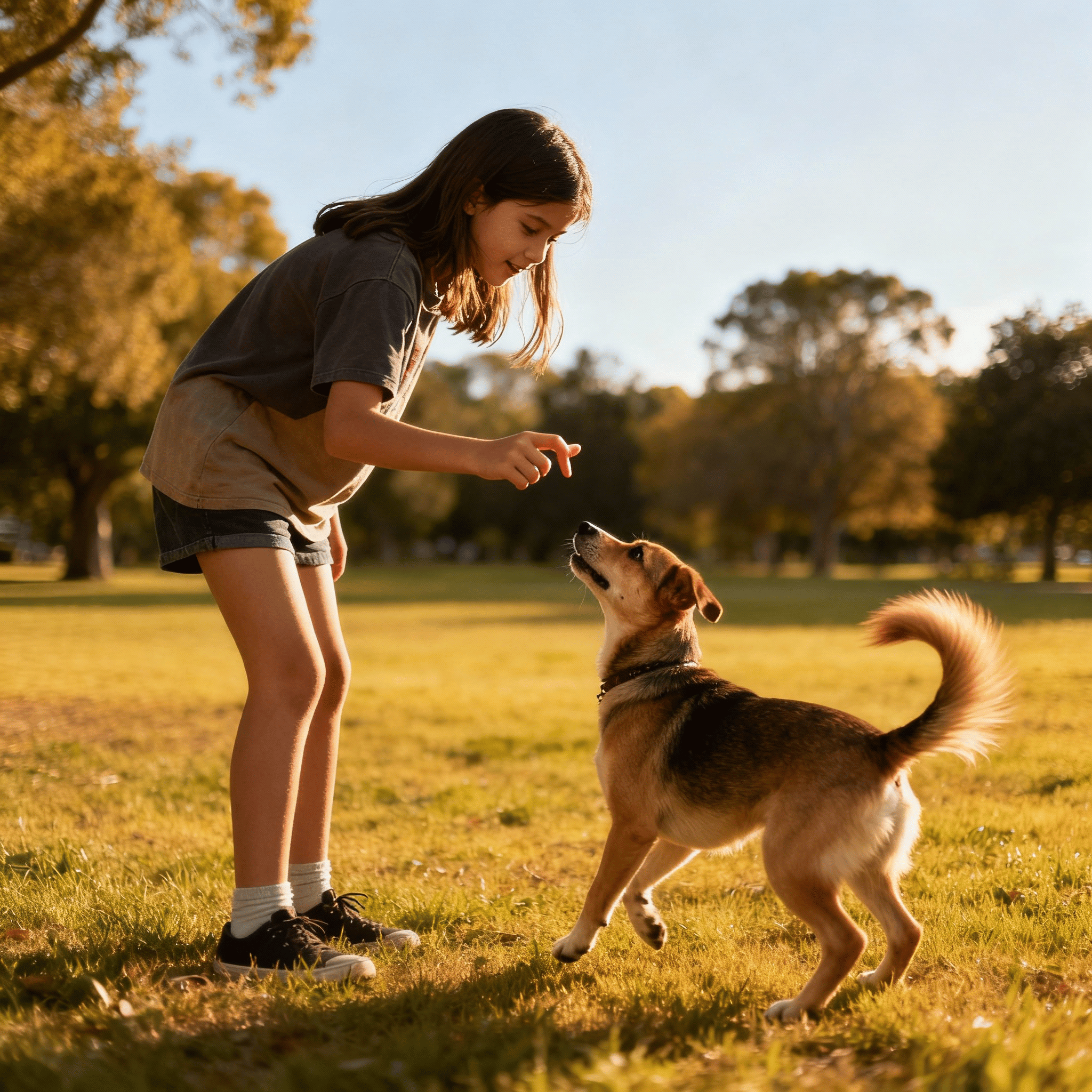a girl teaching a dog stay command