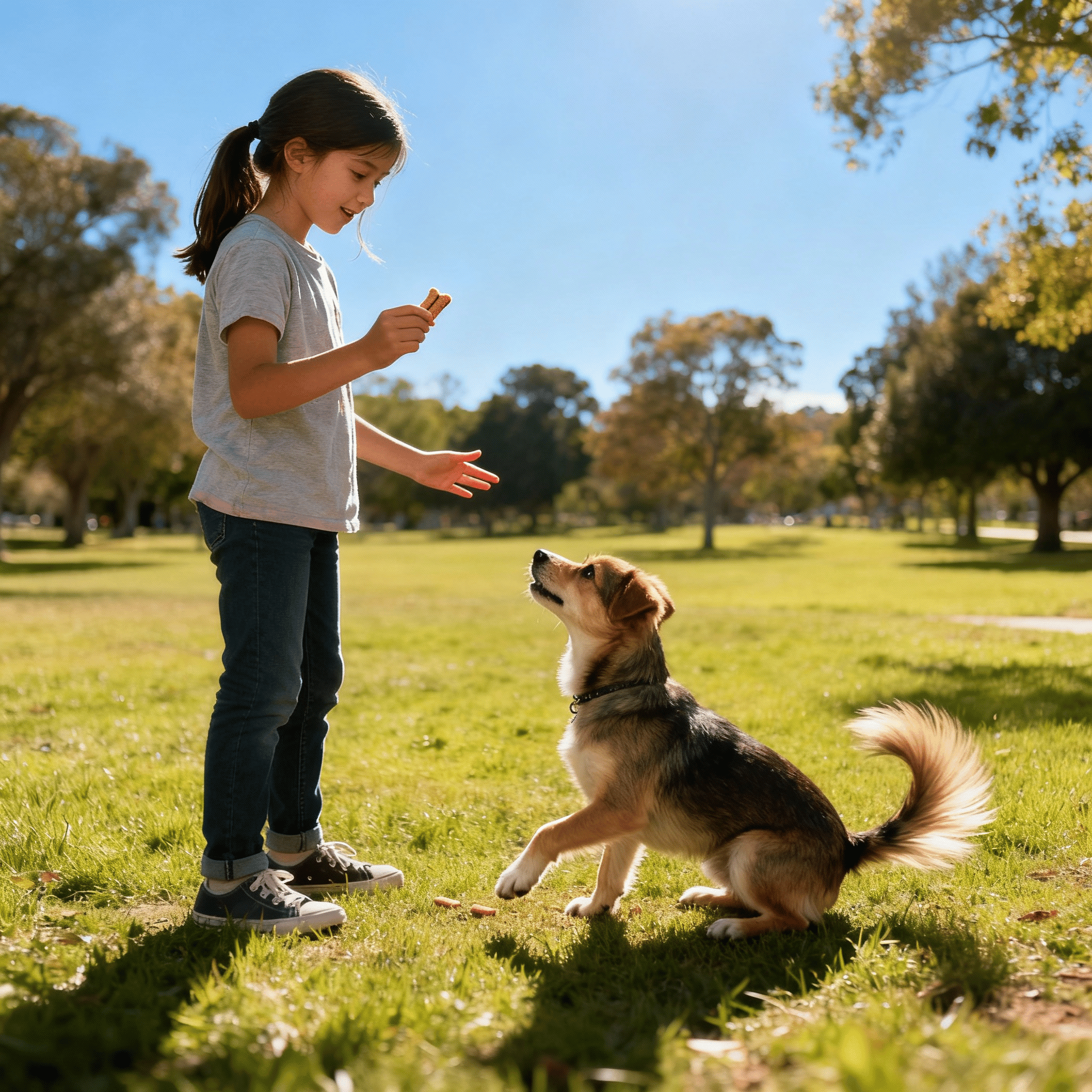 a girl teaching stay command to a dog