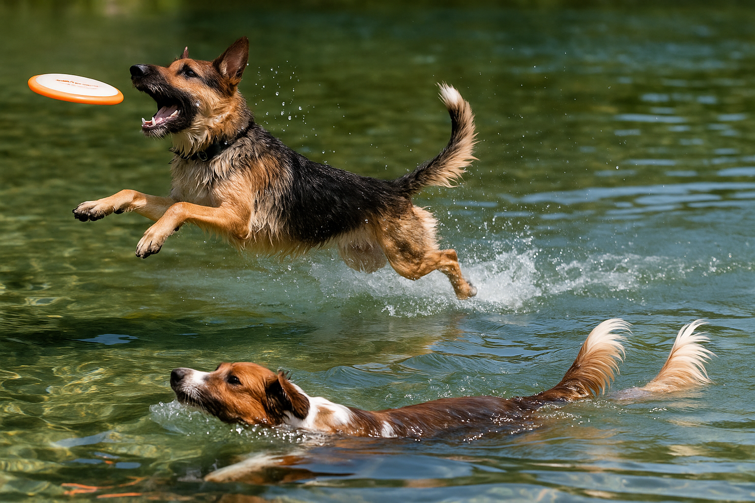 Dog catching a frisbee or swimming in water