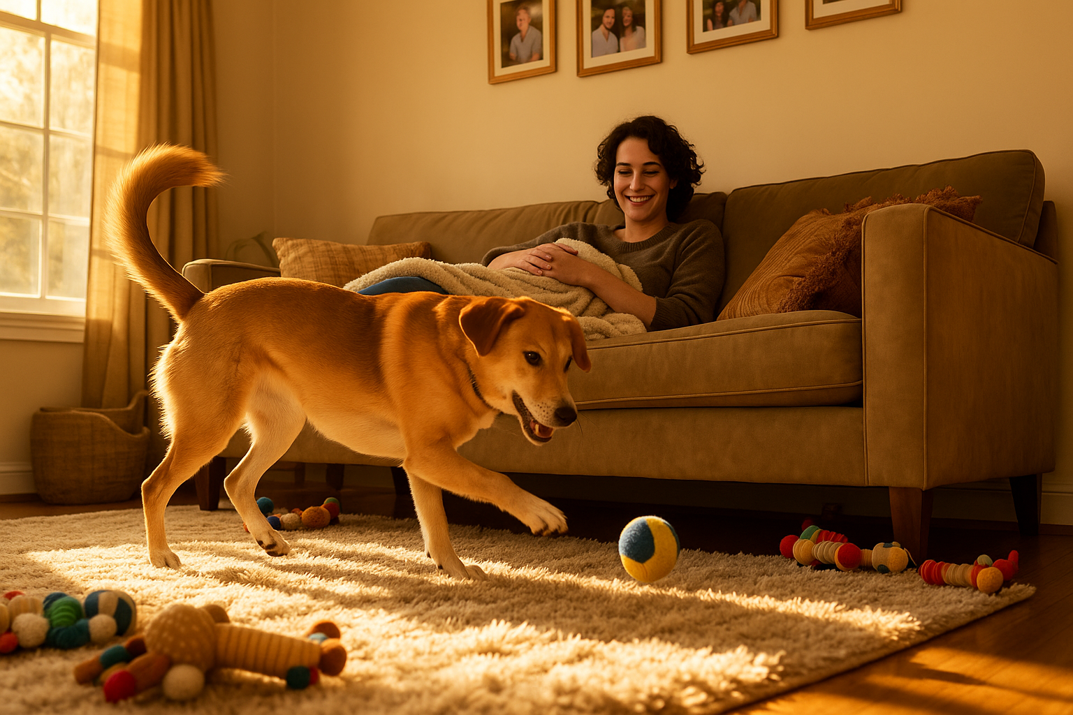 Dog and owner playing fetch or cuddling at home