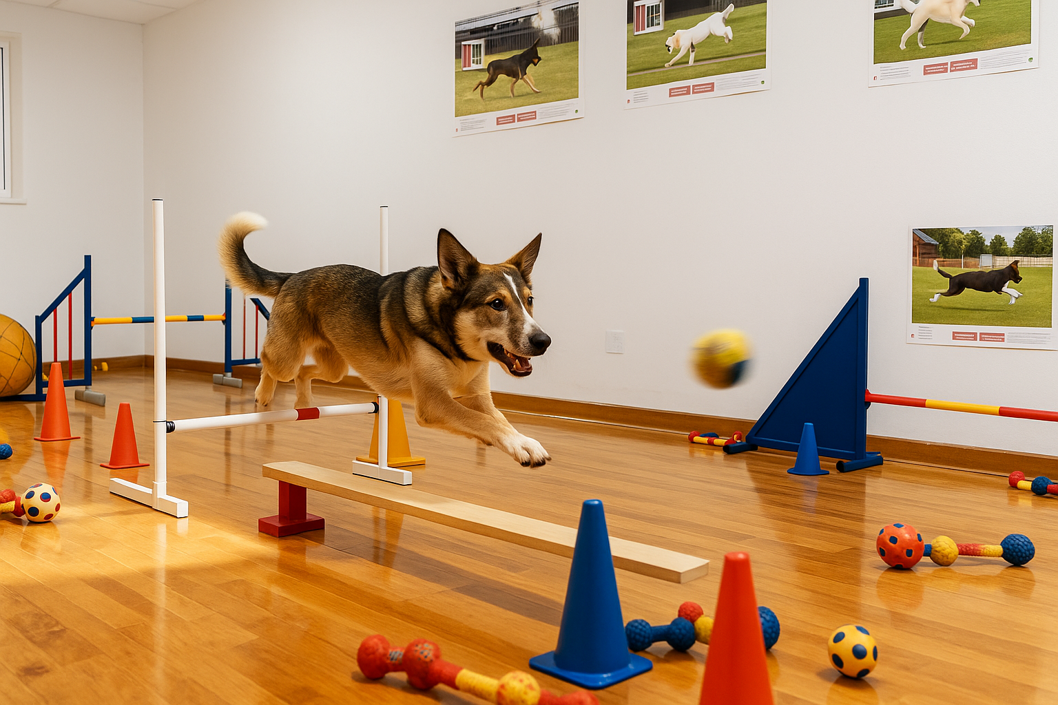 Dog navigating an indoor obstacle course