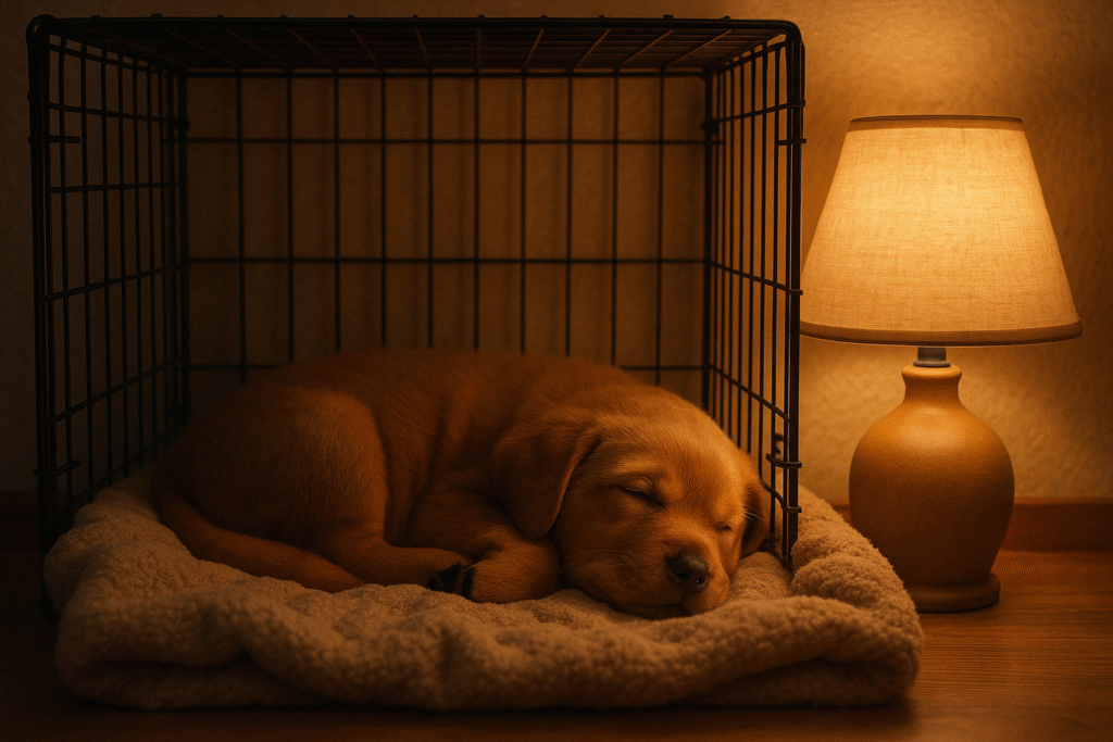 A cozy puppy sleeping comfortably inside a crate beside a soft night lamp
