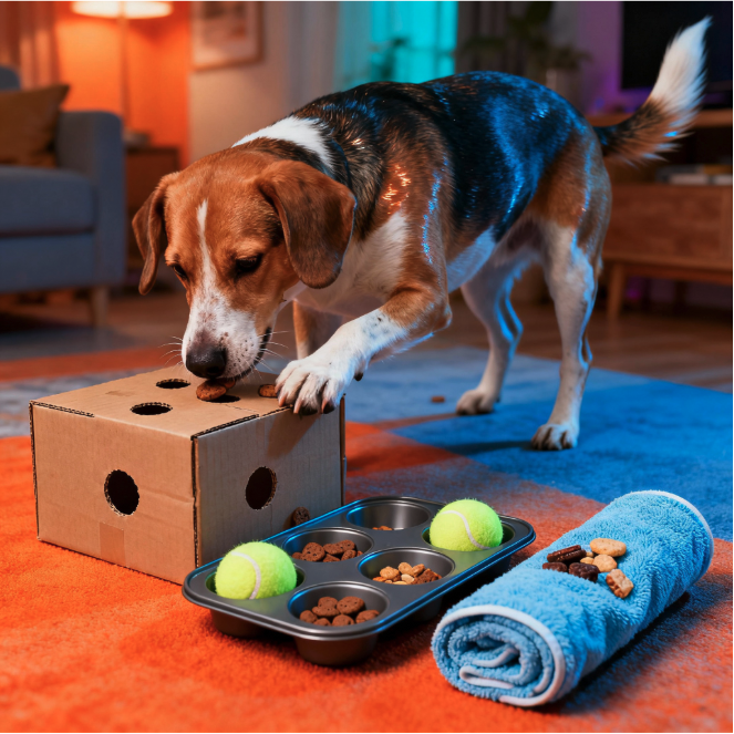 a dog playing DIY Brain Games Using Household Items