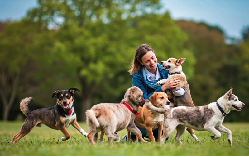 A dog owner training their dog in a park using treats and hand signals