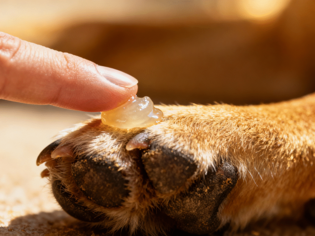 close-up image of dog paw with balm application