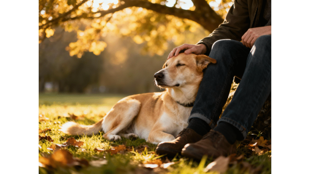 A dog leaning against its owner’s leg during a calm moment