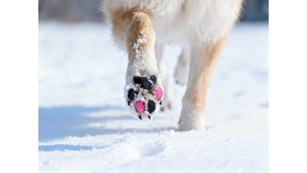 image of dog walking in snow with visible paw pads.